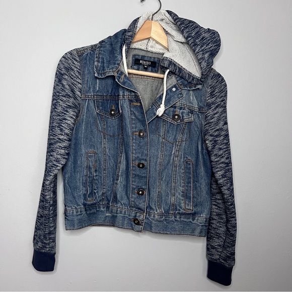 Bee & Ceci Los Angeles Blue Girls Jean Jacket Knit Sleeves Size Medium - Picture 1 of 6